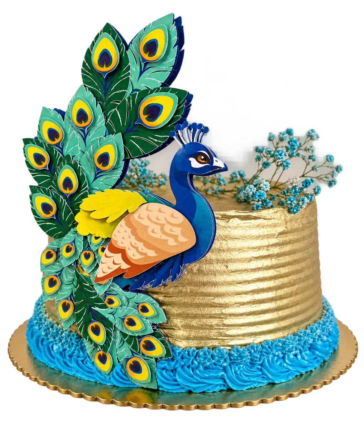 Bolo artesanal azul e dourado com pavão produzido pela Obá Bolos