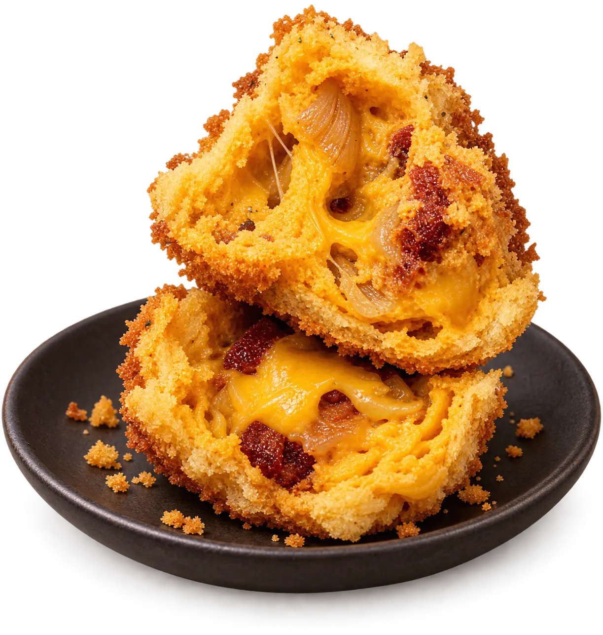 Salgado artesanal recheado com cheddar, bacon e cebola caramelizada