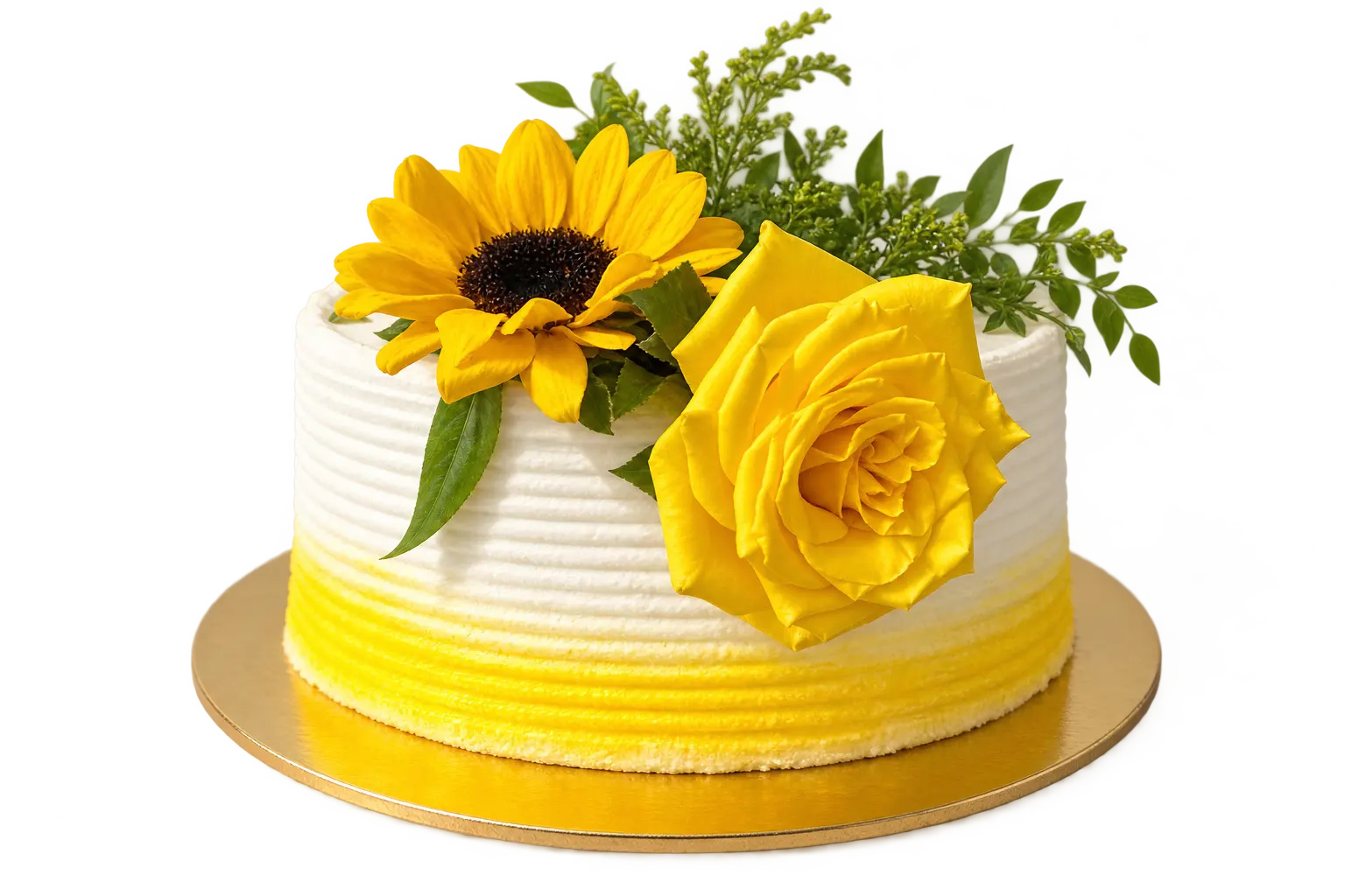 Bolo branco e amarelo decorado com girassol e rosa